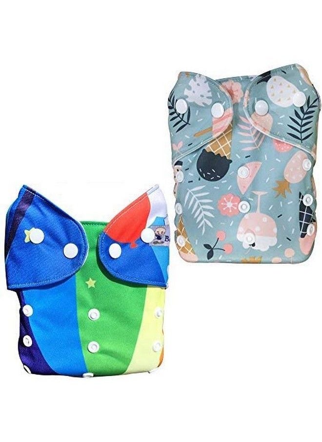 BabyMoon (Set Of 2) Reusable Cloth Diaper Premium Adjustable Size Waterproof Washable Pocket Cloth Diaper Nappie (Rainbow & Incecreamfires)  - Image 2