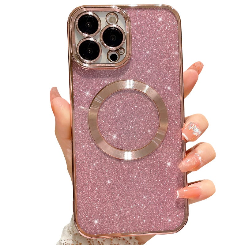 MGQILING Compatible with iPhone 13 Pro Max Magnetic Glitter Case, Luxury Plating Cute Bling Clear Phone Case, Compatible with MagSafe for Women Girls with Camera Protector Back Cover - Pink - Image 1