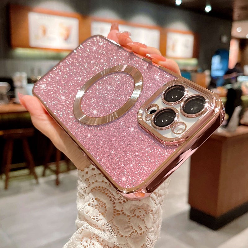 MGQILING Compatible with iPhone 13 Pro Max Magnetic Glitter Case, Luxury Plating Cute Bling Clear Phone Case, Compatible with MagSafe for Women Girls with Camera Protector Back Cover - Pink - Image 5