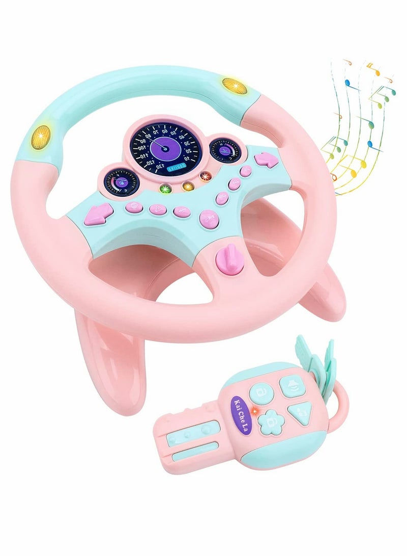 SYOSI Musical Toys, Kids Steering Wheel for Backseat with Car Key Pretend Driving Simulated Driving Steering Wheel Toy with Light and Music Gifts, for Kids, Pink - Image 1