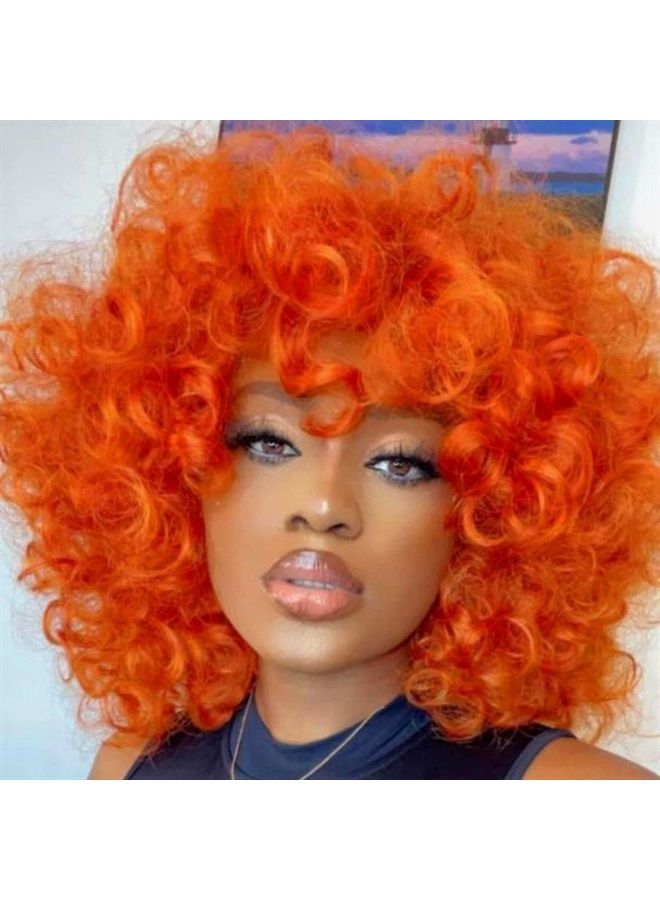 Phoenixfly Short Afro Curly Synthetic Hair Wigs for Black Women Loose Curly Fluffy Shoulder Length Natural Looking Hair Orange Wigs Heat Resistant Hair Replacement Wigs with Wig Caps (Orange) - Image 1