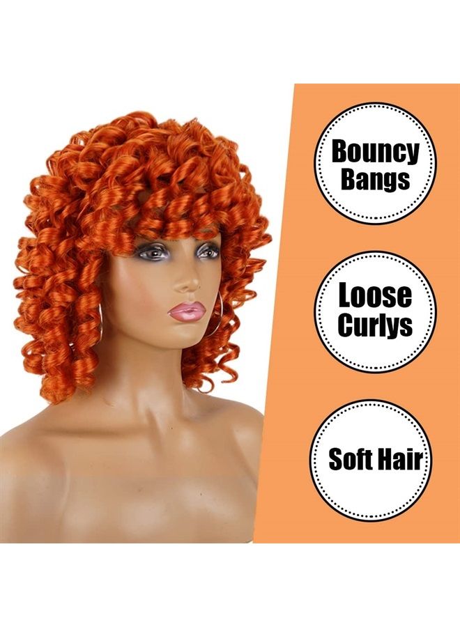 Phoenixfly Short Afro Curly Synthetic Hair Wigs for Black Women Loose Curly Fluffy Shoulder Length Natural Looking Hair Orange Wigs Heat Resistant Hair Replacement Wigs with Wig Caps (Orange) - Image 3