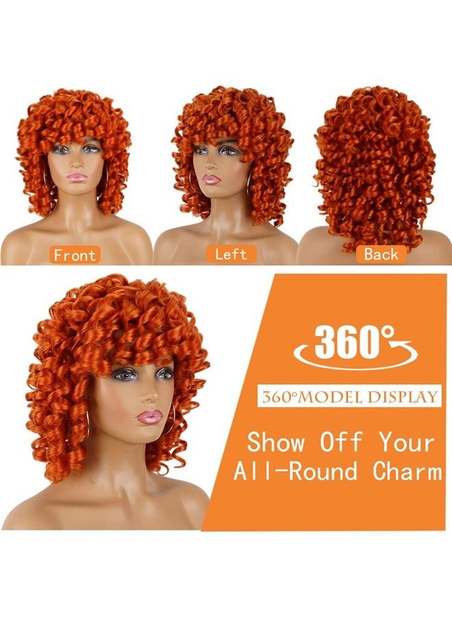 Phoenixfly Short Afro Curly Synthetic Hair Wigs for Black Women Loose Curly Fluffy Shoulder Length Natural Looking Hair Orange Wigs Heat Resistant Hair Replacement Wigs with Wig Caps (Orange) - Image 2