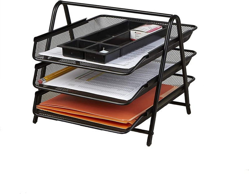 SOLDTRUE 3 Tier Document, File, Paper, Letter, Office, Desktop Tray Organizer 3 Desk File Tray, 3 Tier Metal Mesh A3 Files Documents Papers Folders Holder Desk Organizer –(Black) - Image 3