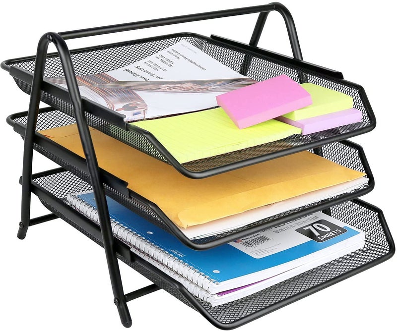 SOLDTRUE 3 Tier Document, File, Paper, Letter, Office, Desktop Tray Organizer 3 Desk File Tray, 3 Tier Metal Mesh A3 Files Documents Papers Folders Holder Desk Organizer –(Black) - Image 2