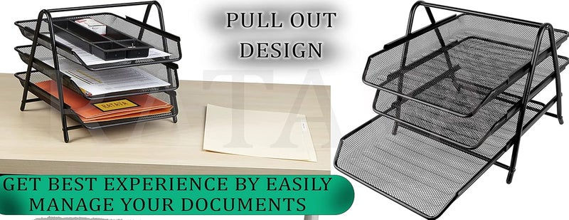 SOLDTRUE 3 Tier Document, File, Paper, Letter, Office, Desktop Tray Organizer 3 Desk File Tray, 3 Tier Metal Mesh A3 Files Documents Papers Folders Holder Desk Organizer –(Black) - Image 4