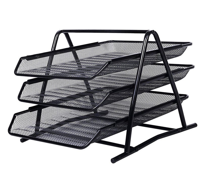 SOLDTRUE 3 Tier Document, File, Paper, Letter, Office, Desktop Tray Organizer 3 Desk File Tray, 3 Tier Metal Mesh A3 Files Documents Papers Folders Holder Desk Organizer –(Black) - Image 5