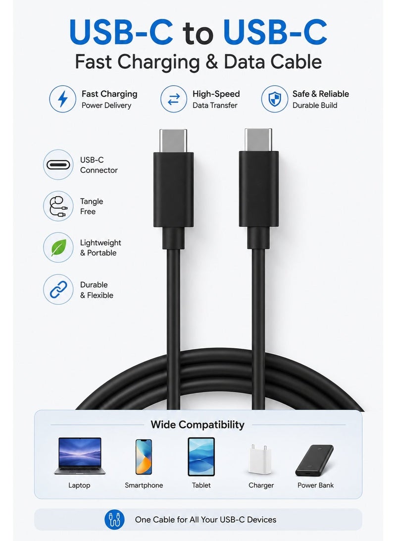 كيبل USB-C إلى USB-C بطول 1.5 متر – شحن سريع PD حتى 100W (5A) ونقل بيانات عالي السرعة – متين ومتوافق مع MacBook وiPhone 15 وiPad وSamsung Galaxy - Image 2