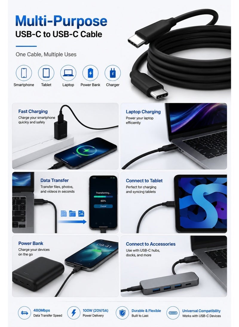 كيبل USB-C إلى USB-C بطول 1.5 متر – شحن سريع PD حتى 100W (5A) ونقل بيانات عالي السرعة – متين ومتوافق مع MacBook وiPhone 15 وiPad وSamsung Galaxy - Image 5
