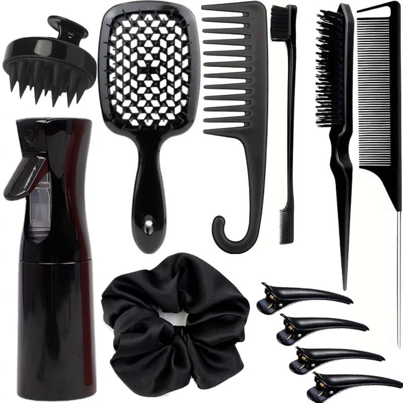 12 Pcs Hair Styling Brush Set with Detangler Teasing Rat Tail Edge Brushes and Baby Hair Brushes  Soft Bristles for Baby Girls and Women Black