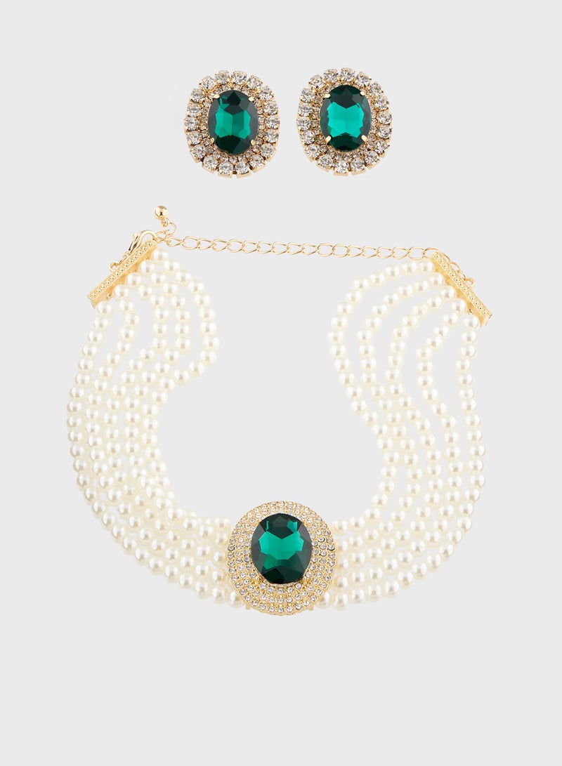 Khizana Pearl Diamante Necklace & Earrings Set - Image 1