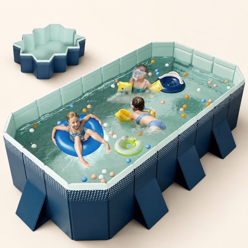 Foldable Swimming Pool for Family,Plastic Shell Collapsible, Blue, Non-Inflatable with Drain Plug and Drain Hole, Easy to Assemble for Beach Backyard Outdoor Use 295x165x55cm - Image 1