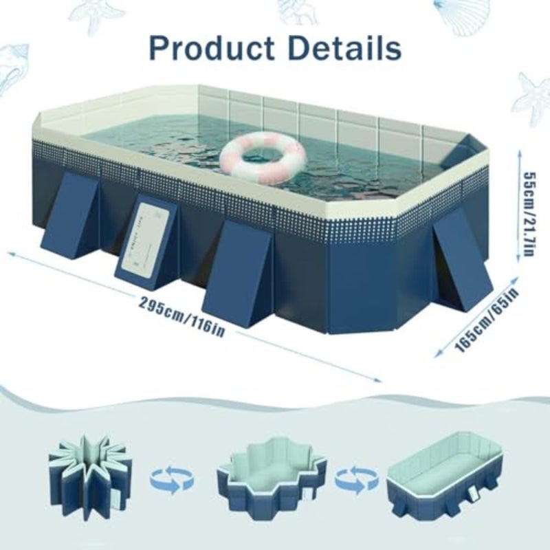 Foldable Swimming Pool for Family,Plastic Shell Collapsible, Blue, Non-Inflatable with Drain Plug and Drain Hole, Easy to Assemble for Beach Backyard Outdoor Use 295x165x55cm - Image 2