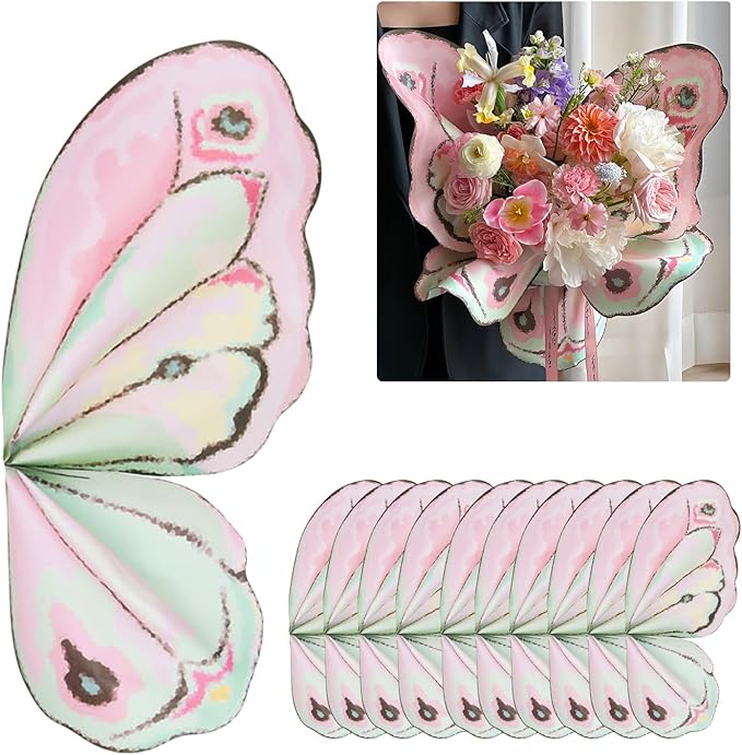 WAOKN Set of 10 Butterfly Wrapping Paper, Flower Wrapping Paper, Waterproof Flower Bouquet Wrapping Paper, Butterfly Bouquet Accessories for Weddings, Birthdays, Flower Shops, Crafts - Image 1