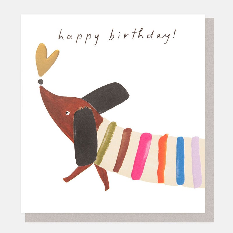 Caroline Gardner Showtime Sausage Dog in Stripy Jumper Birthday Greeting Card