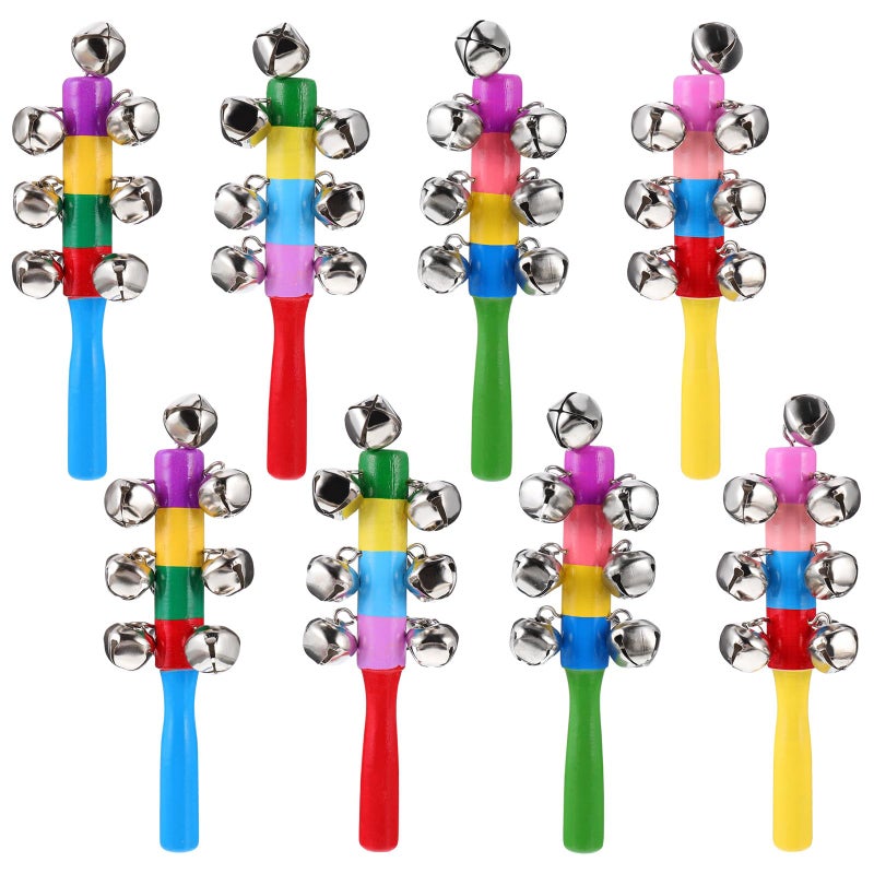 STOBOK 8Pcs Baby Handle Wooden Bells Christmas Hand Sleigh Bells Jingle Stick Shaker Rattle Xmas Kids Rattle Toys Musical Rhythm Toys (Random Color) - Image 1