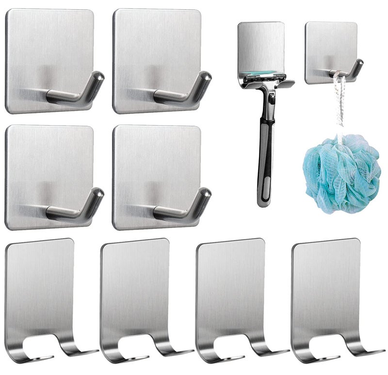 Aobvrey 8 Pack Adhesive Hooks, 4 Pack Razor Holder for Shower and 4 Heavy Duty Waterproof Sticky Hooks for Hanging Towels, Loofah, Coat, Hat (Silver) - Image 1
