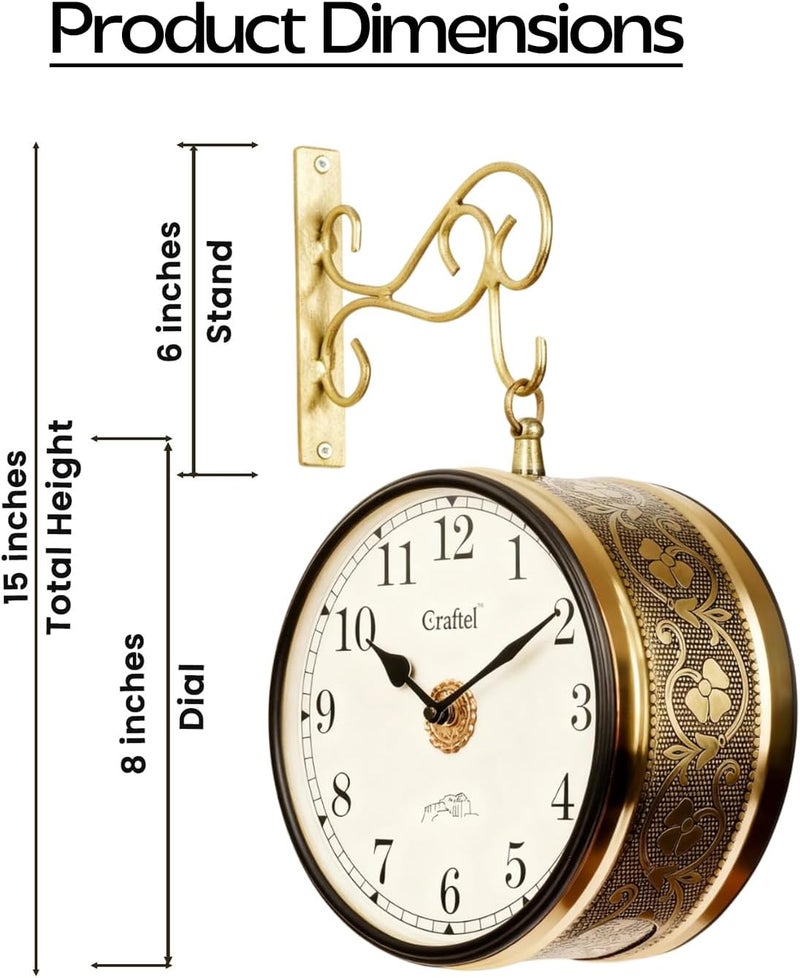 CRAFTEL Metal Analog Double Sided Vintage Station Wall Clock with Brass in dial (Shiny Gold_8 Inches) - Image 2