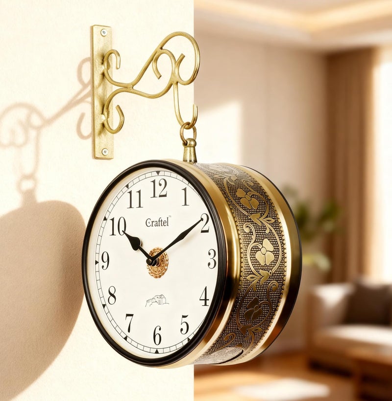 CRAFTEL Metal Analog Double Sided Vintage Station Wall Clock with Brass in dial (Shiny Gold_8 Inches) - Image 1