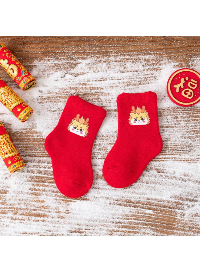 Newborn Baby Socks, Autumn And Winter Style, Bright Red, Terry Loop, Fleece-lined, Thickened, Baby Walking Socks, Floor Socks, New Year Super Cute