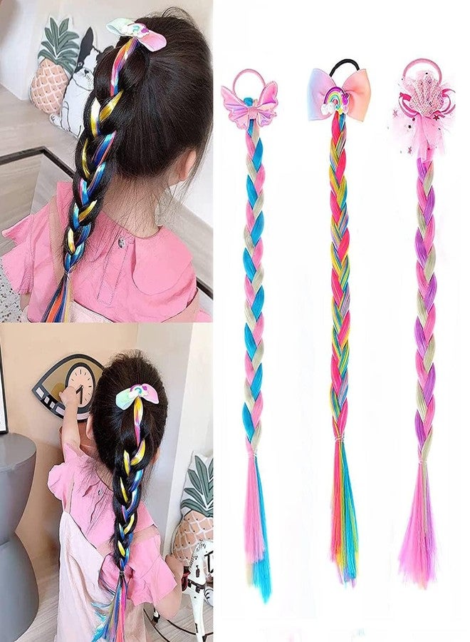 KARDIFF 3pcs Girls Braids Ponytails Hair Extensions, Rubber Band Ponytails Hair Bows, Glitter Colored Braid Hair Accessories, Synthetic Hairpieces for Kids Party Highlights Cosplay - Image 1