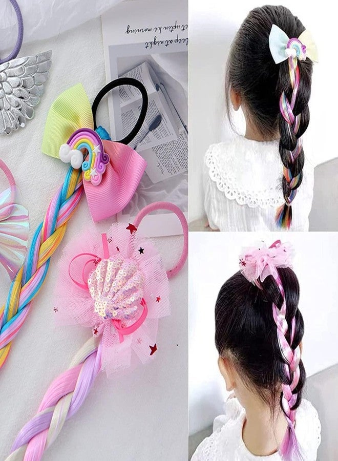 KARDIFF 3pcs Girls Braids Ponytails Hair Extensions, Rubber Band Ponytails Hair Bows, Glitter Colored Braid Hair Accessories, Synthetic Hairpieces for Kids Party Highlights Cosplay - Image 4