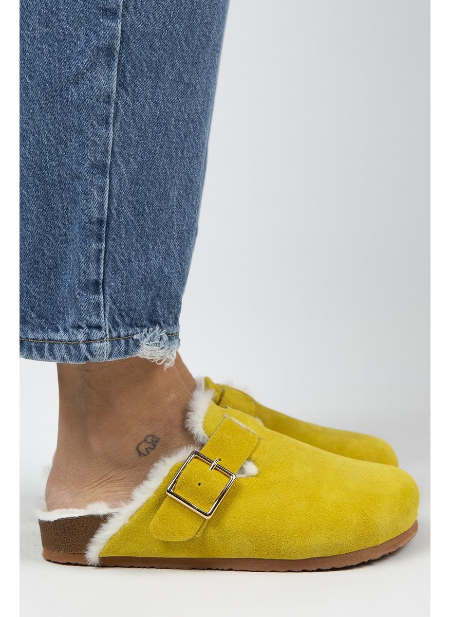 Manijero Manjero Zeta Fur Women's Genuine Leather Fur Genuine Leather Belt Buckle Yellow Slippers  - Image 1