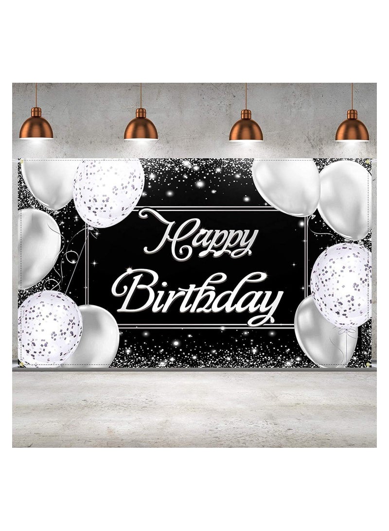 NIBEMINENT Happy Birthday Backdrop Banner Black and Silver Photography Background Large Party Sign Poster Decoration Supplies for Men Women  - Image 1