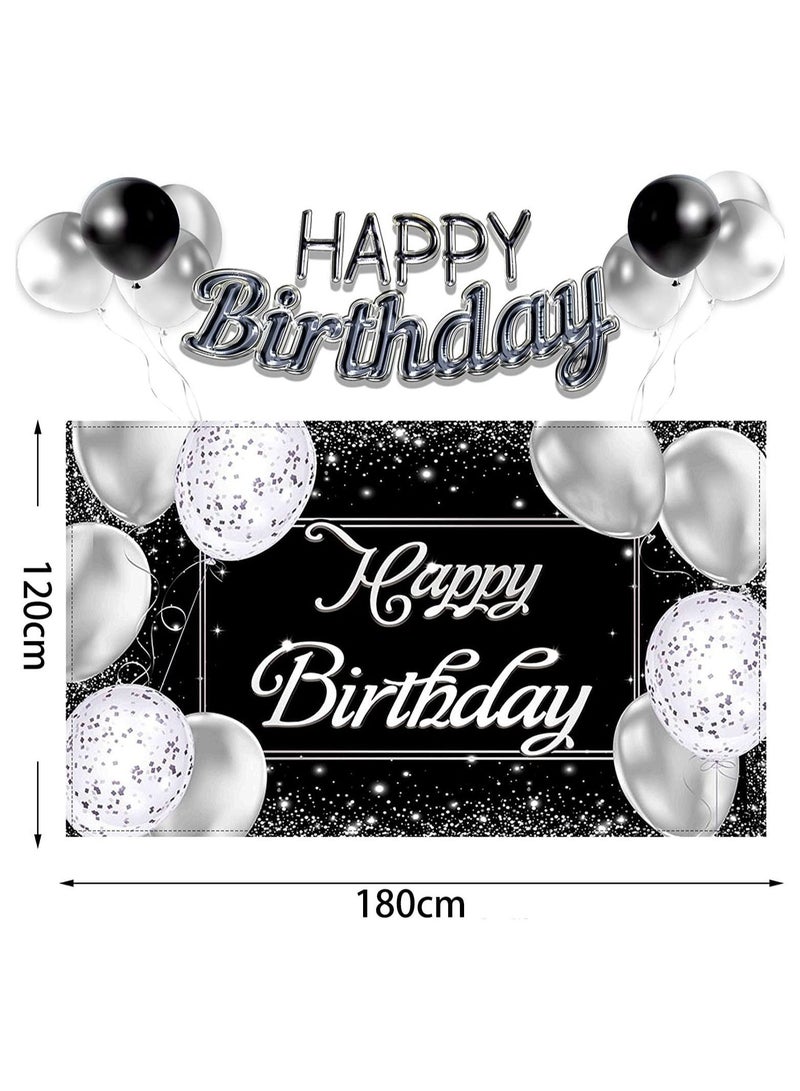 NIBEMINENT Happy Birthday Backdrop Banner Black and Silver Photography Background Large Party Sign Poster Decoration Supplies for Men Women  - Image 2