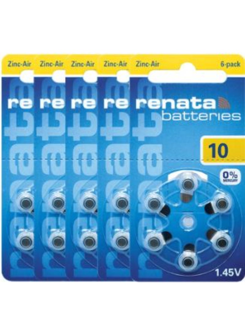 30-Pieces Renata (Size 10) Hearing Aid 1.45V Zinc-Air 0% Mercury Batteries