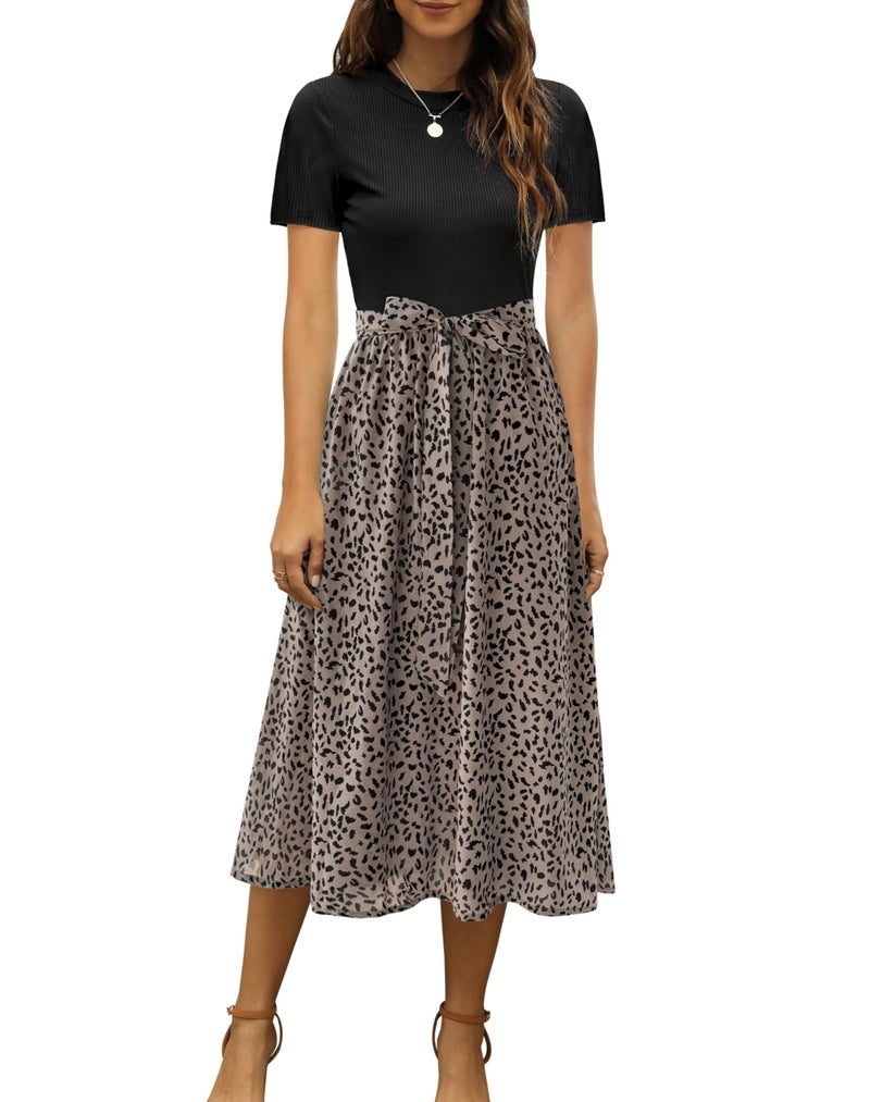 Zattcas Women 2026 Summer Dress Short Sleeve Ribbed Teacher Church Modest Business Casual Work Outfits Midi Dress with Pockets Blackbrown L - Image 1