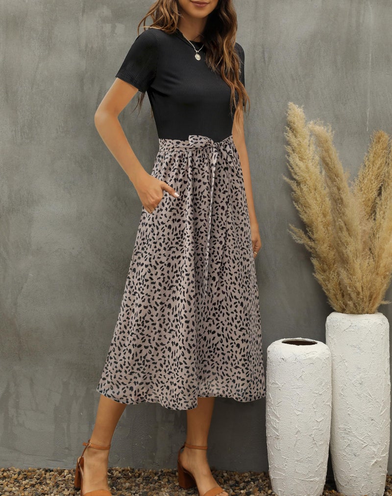 Zattcas Women 2026 Summer Dress Short Sleeve Ribbed Teacher Church Modest Business Casual Work Outfits Midi Dress with Pockets Blackbrown L - Image 2