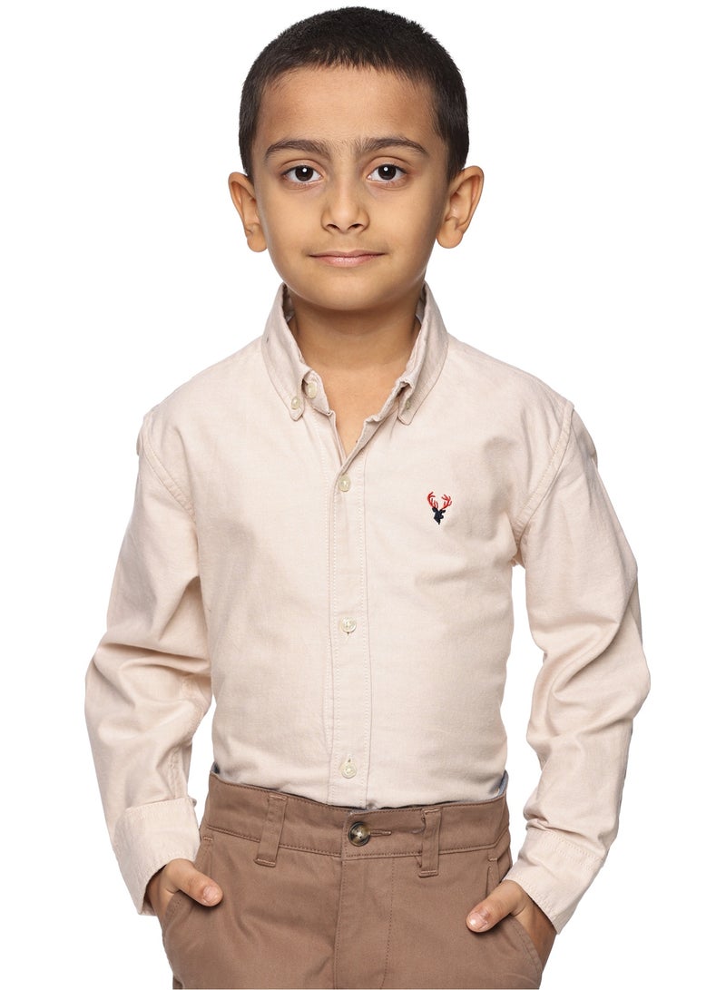U.S. ELK Boys' Long Sleeve Oxford Dress Shirt | Kids Classic Formal Button Down Shirt | Collared Neck Cotton Shirt - Beige  - Image 1