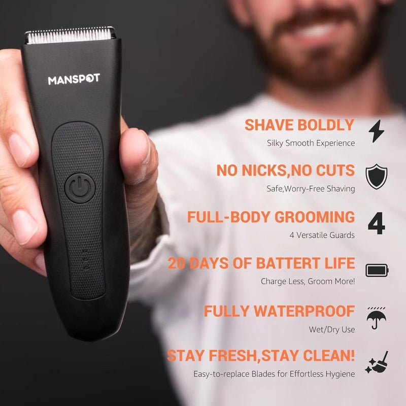 MANSPOT Trimmers for Men, Electric Body Hair Shaver for Men, Groin & Ball Trimmer with 4 Guards, Replaceable Ceramic Blade Heads, Wet & Dry Cordless Trimmer, 90-Minute Shaving Machine - Image 2