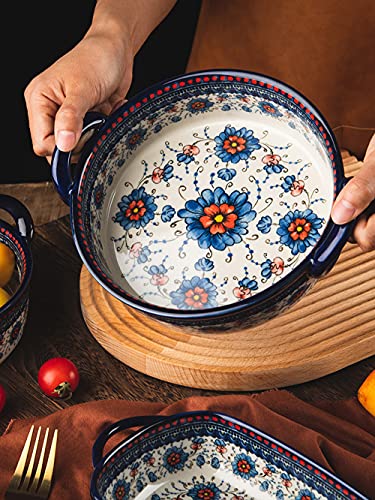 Bicuzat Blue and Orange Flower Vintage Style Ceramic Bakeware Casserole Lasagna Pans Baking Dish with Handles for Oven/Cooking/Kitchen-1 PCS-32 OZ - Image 3