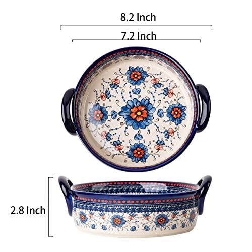 Bicuzat Blue and Orange Flower Vintage Style Ceramic Bakeware Casserole Lasagna Pans Baking Dish with Handles for Oven/Cooking/Kitchen-1 PCS-32 OZ - Image 2
