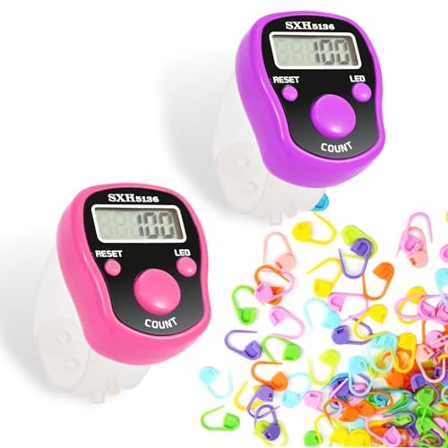 TESEAS Stitch Counters 2 Pcs LED Digital Row Counter and Stitch Markers 50 Pcs Crochet Stitch Markers for Knitting Sewing Stitching Weaving, Muslim Pray, Recording Sports Scoring, Lap Counting (Purple pink) - Image 1