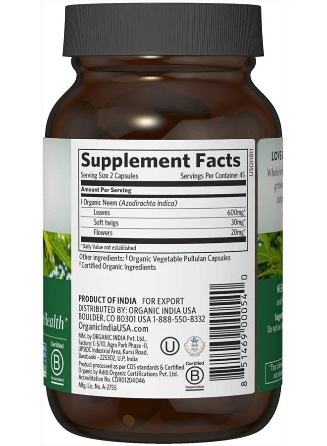 Organic India مكمل الأعشاب نيم - يدعم صحة الجلد والمناعة والكبد، إزالة السموم، استجابة التهابية صحية، نباتي، خالي من الغلوتين، معتمد من وزارة الزراعة الأمريكية - 90 كبسولة - Image 3