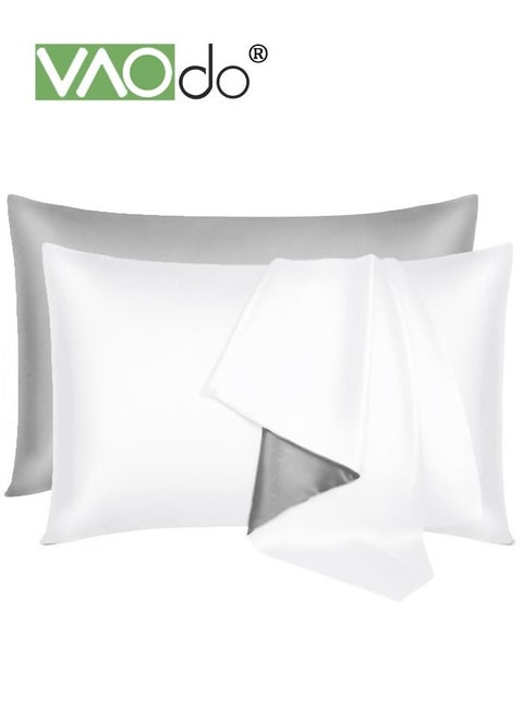 2PCS AB Side Pillowcase Washed Silk Breathable and Comfortable Satin Pillowcase Envelope Pillowcase for All Seasons Grey 48*74CM