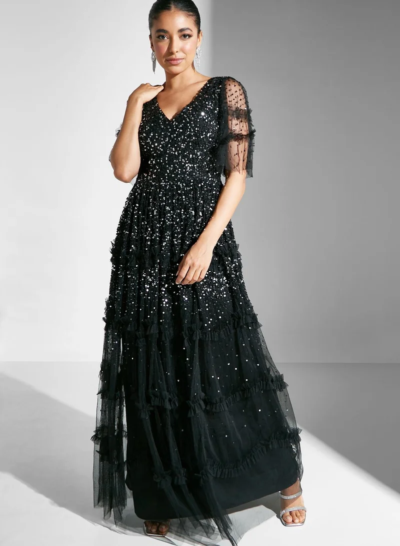 Frock and Frill V-Neck Embellished Dress