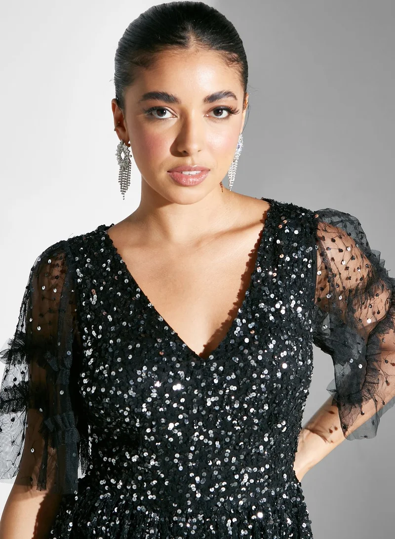 Frock and Frill V-Neck Embellished Dress