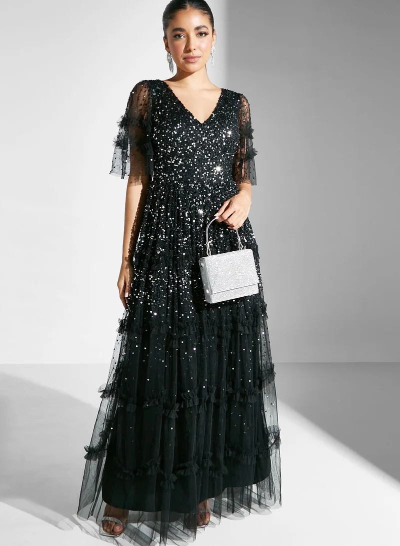 Frock and Frill V-Neck Embellished Dress