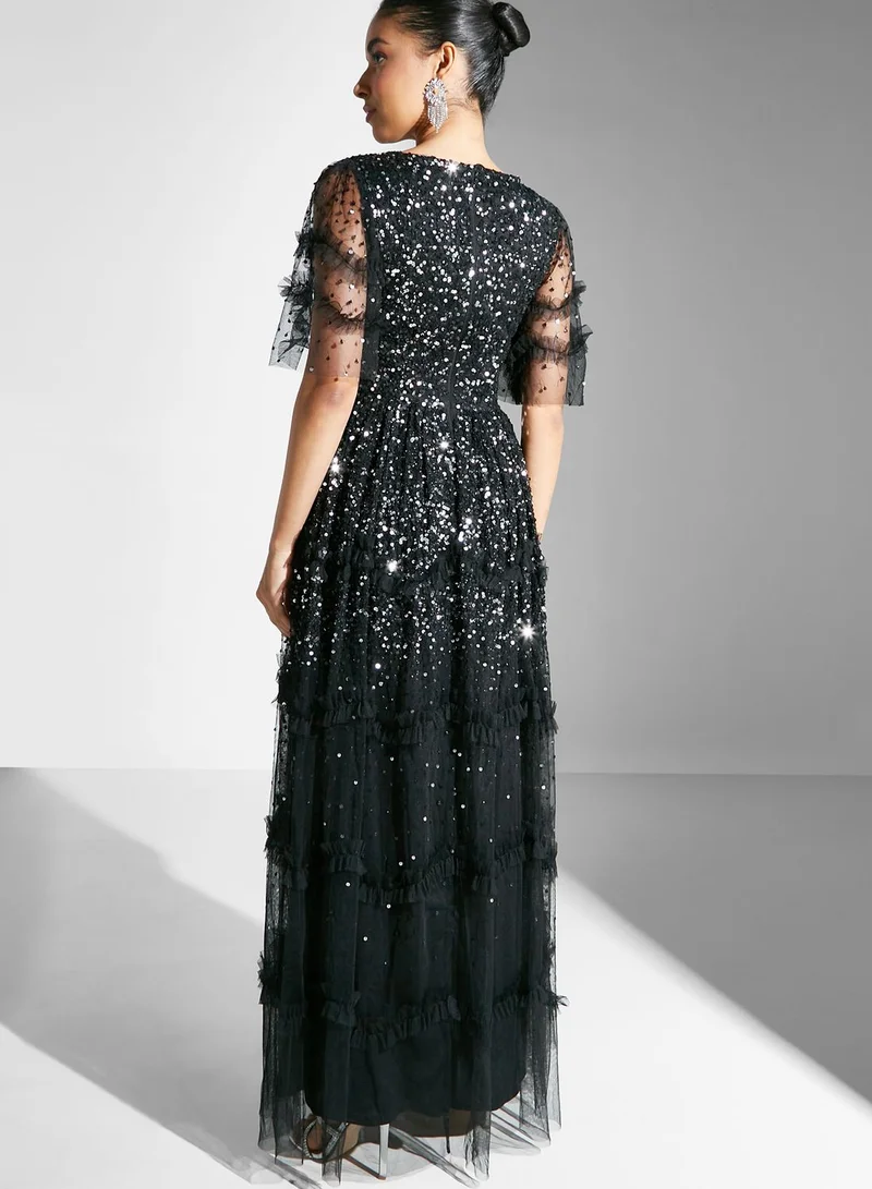 Frock and Frill V-Neck Embellished Dress