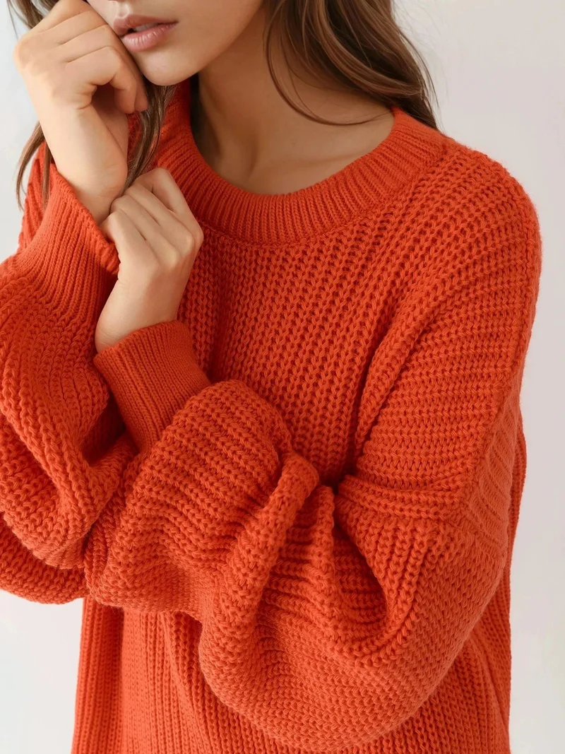 My Fashion Bright Orange MY FASHION Oversized Long Fit Knit Sweater for Women | Best Price UAE