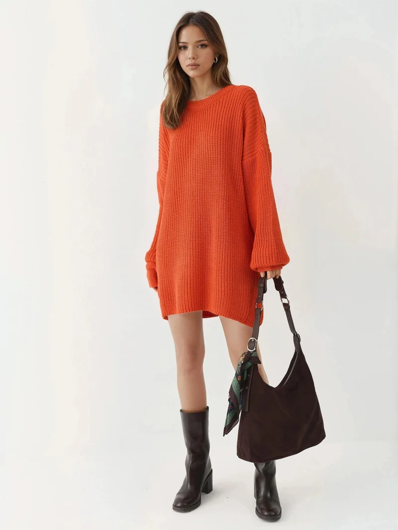 My Fashion Bright Orange MY FASHION Oversized Long Fit Knit Sweater for Women | Best Price UAE