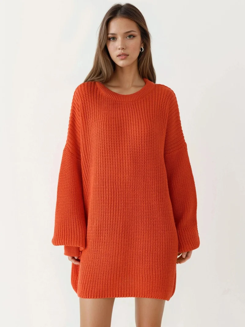 My Fashion Bright Orange MY FASHION Oversized Long Fit Knit Sweater for Women | Best Price UAE