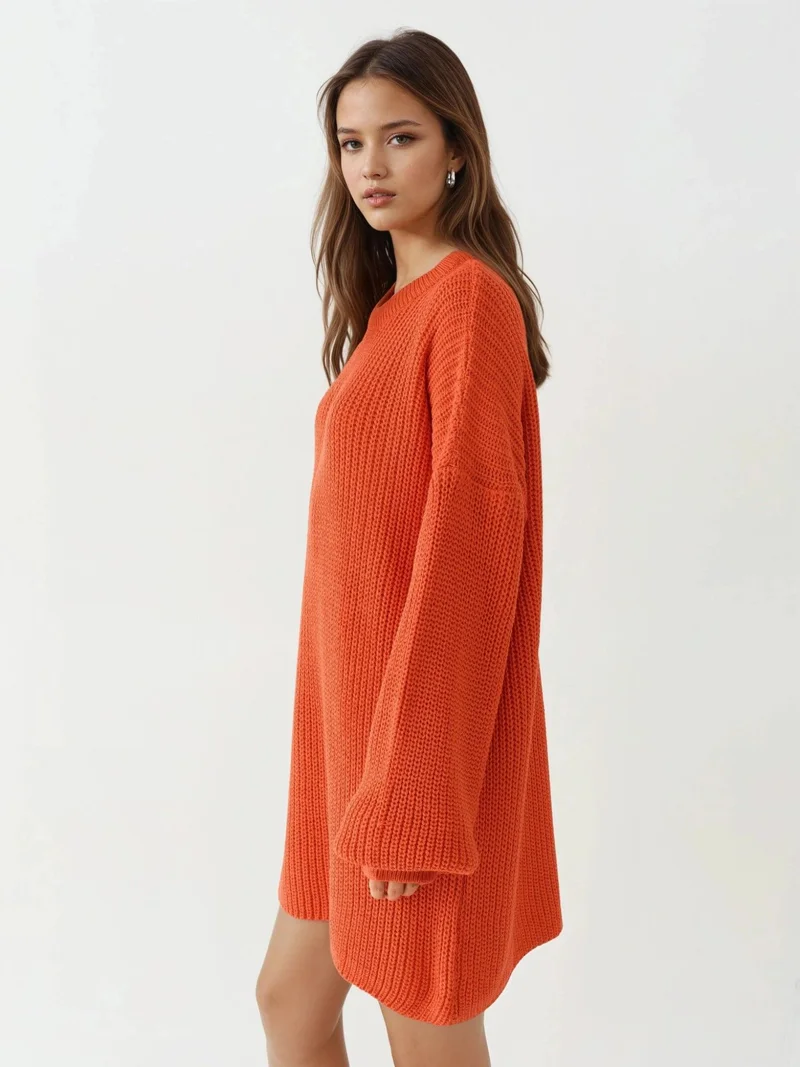 My Fashion Bright Orange MY FASHION Oversized Long Fit Knit Sweater for Women | Best Price UAE