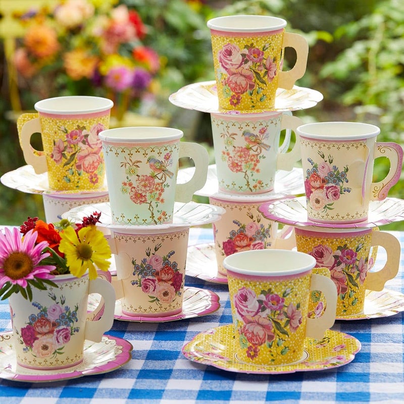Talking Tables 24 x Vintage Paper Floral Disposable Tea Cups  Saucer Set Afternoon Tea Party Table Decorations For Mothers Day Birthday Baby Shower Wedding  6inches