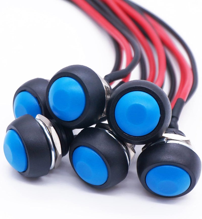 Twidec /6Pcs 12mm Momentary Push Button Switch 1/2" Mounting Hole On Off Mini Round Waterproof Blue with Pre-soldered Wires PBS-33B-BU-X - Image 1