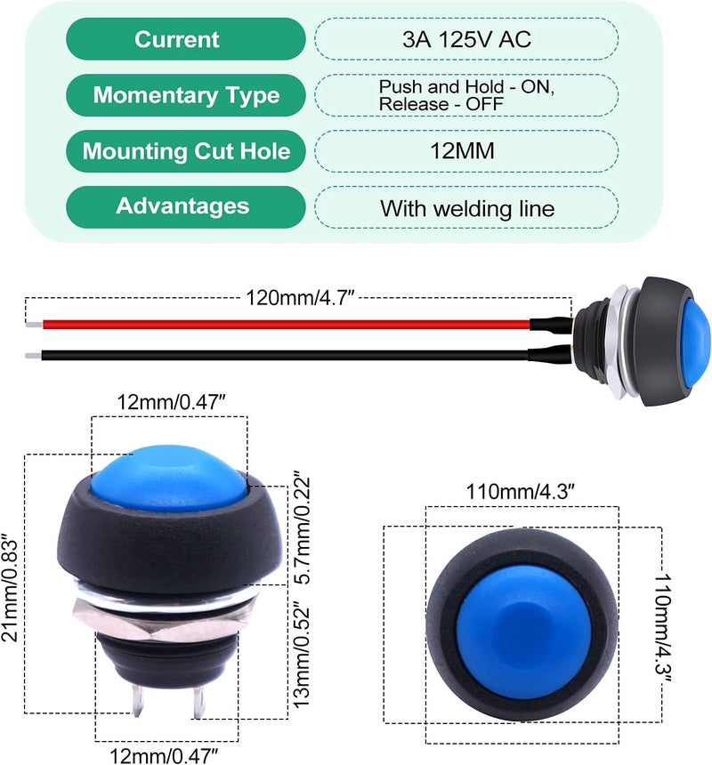 Twidec /6Pcs 12mm Momentary Push Button Switch 1/2" Mounting Hole On Off Mini Round Waterproof Blue with Pre-soldered Wires PBS-33B-BU-X - Image 2